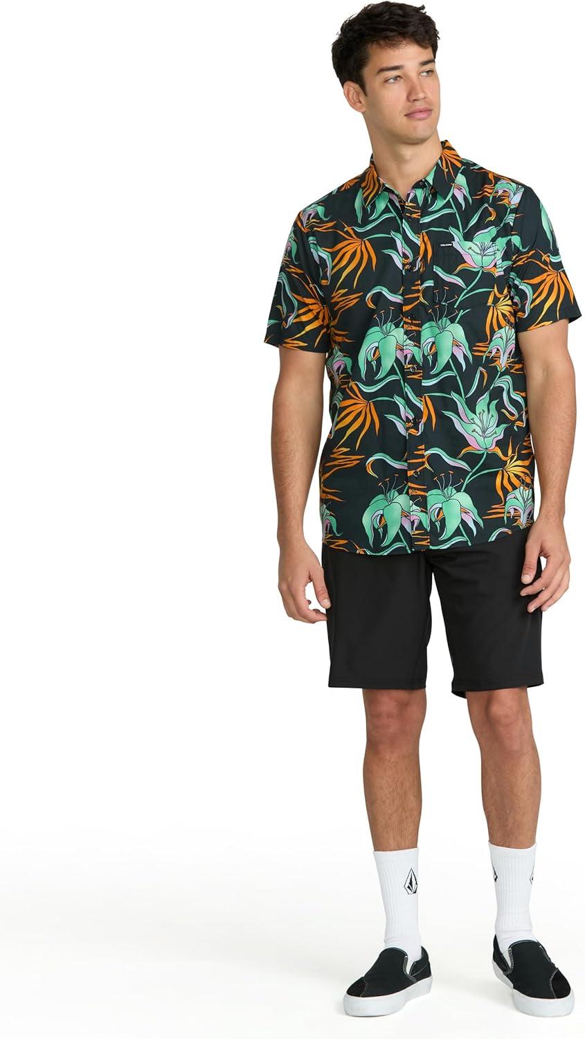 image:imageVolcom Mens Regular Marble Floral Short Sleeve Button Down Hawaiian ShirtBlack Green