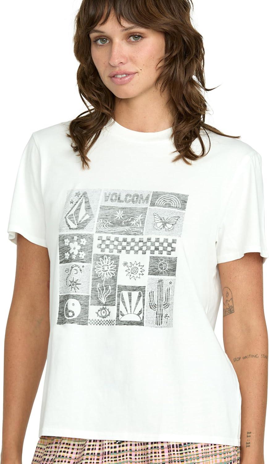 image:imageVolcom Womens Lock It Up Short Sleeve Tee Crew Neck TShirt with Striped Neck TapingStar WhiteWhite