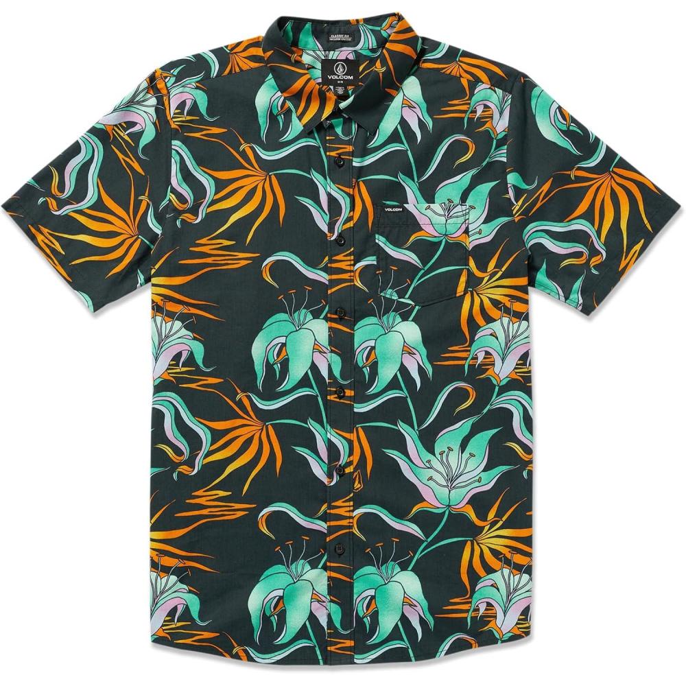 image:imageVolcom Mens Regular Marble Floral Short Sleeve Button Down Hawaiian ShirtBlack Green