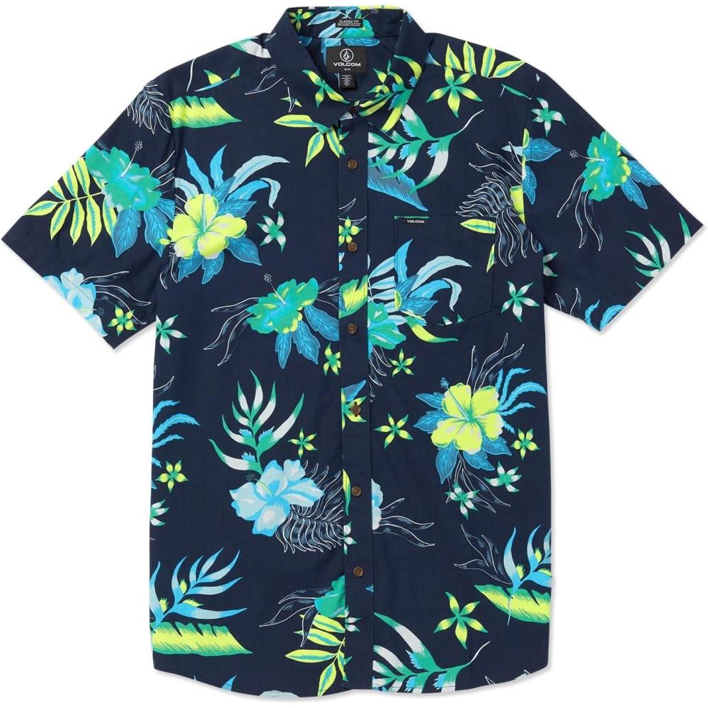 image:imageVolcom Mens Regular Marble Floral Short Sleeve Button Down Hawaiian ShirtNavy Sunriser