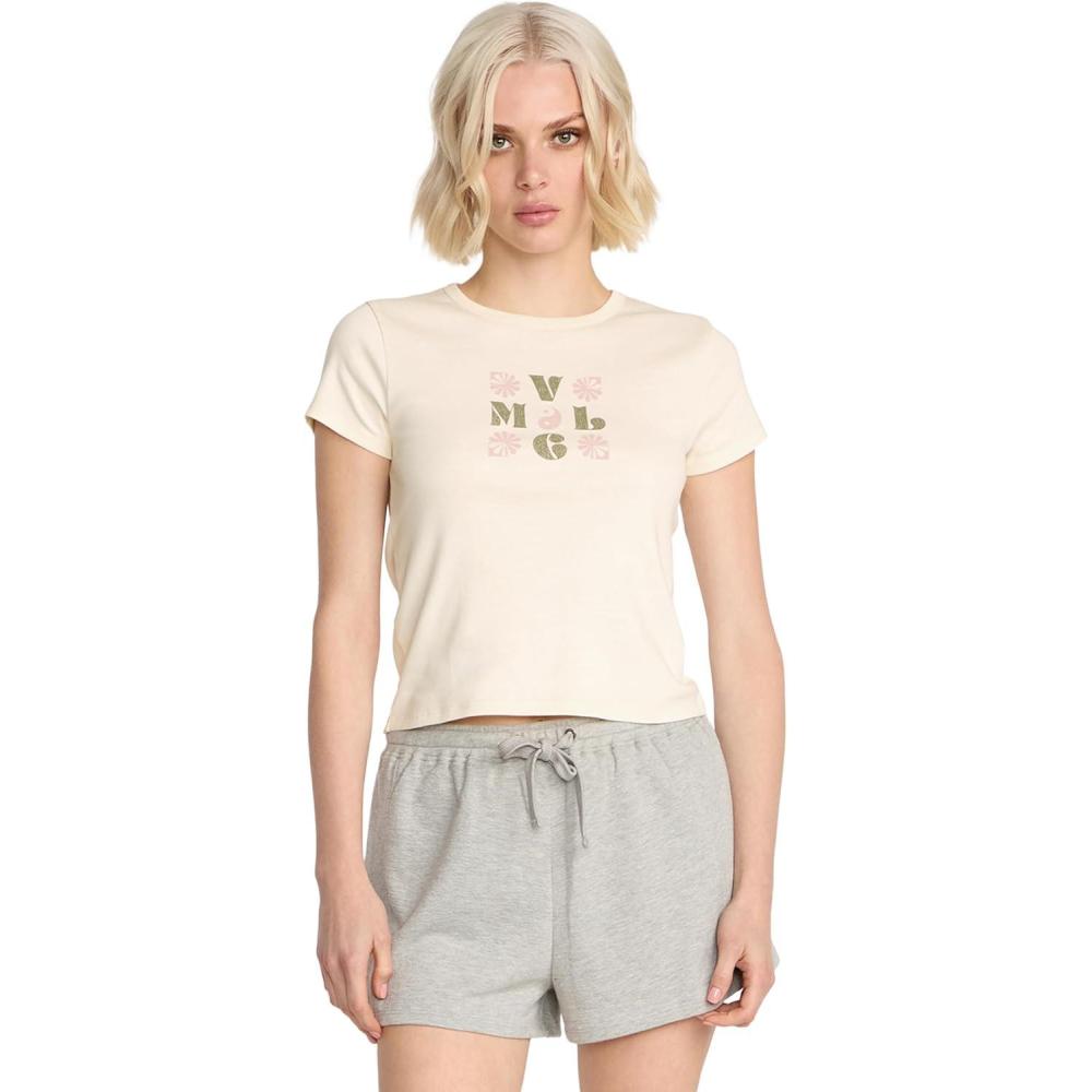 image:imageVolcom Womens Have a Clue Short Sleeve Tee Fitted TShirt with Striped Neck TapingBone White