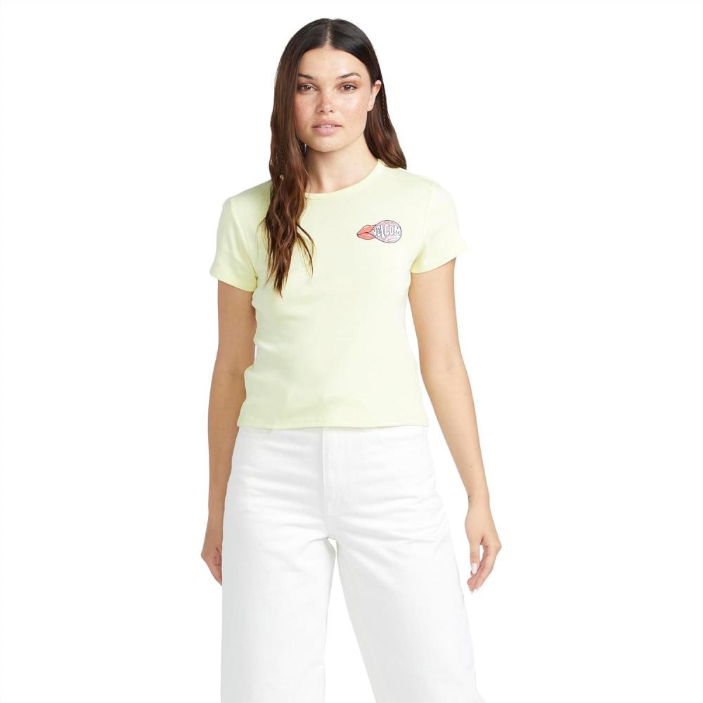 image:imageVolcom Womens Have a Clue Short Sleeve Tee Fitted TShirt with Striped Neck TapingLemon
