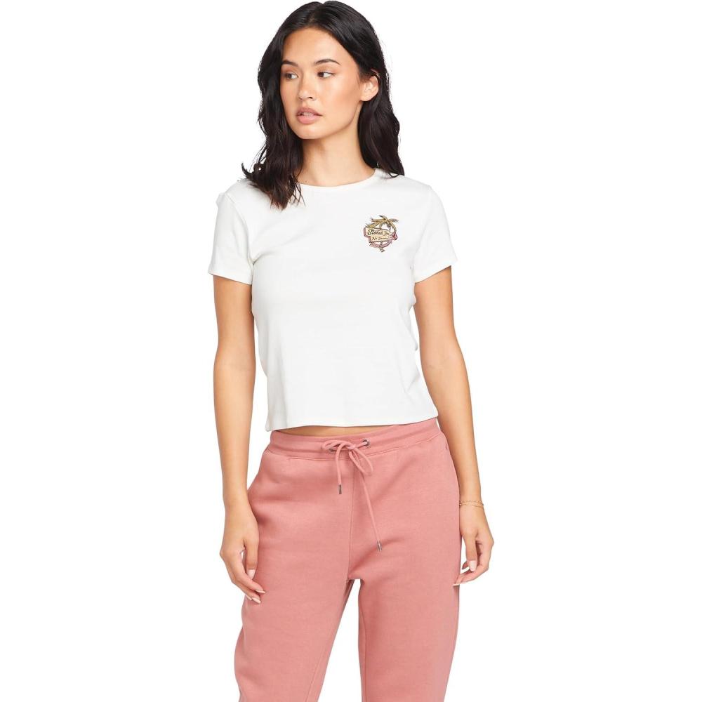 image:imageVolcom Womens Have a Clue Short Sleeve Tee Fitted TShirt with Striped Neck TapingStar White White