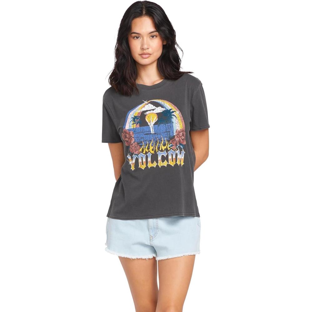 image:imageVolcom Womens Lock It Up Short Sleeve Tee  Crew Neck TShirt with Striped Neck TapingBlack White