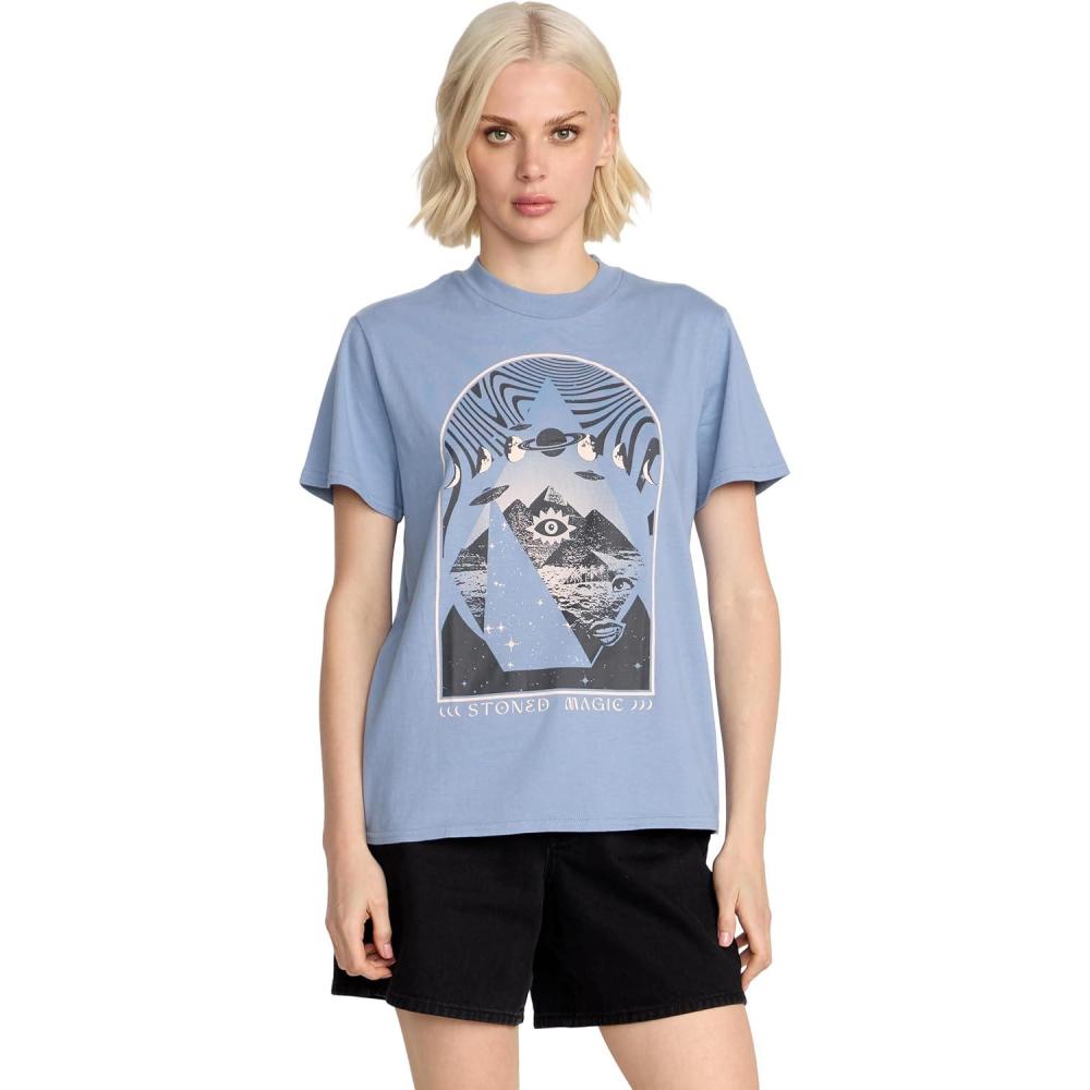 image:imageVolcom Womens Lock It Up Short Sleeve Tee Crew Neck TShirt with Striped Neck TapingBlue
