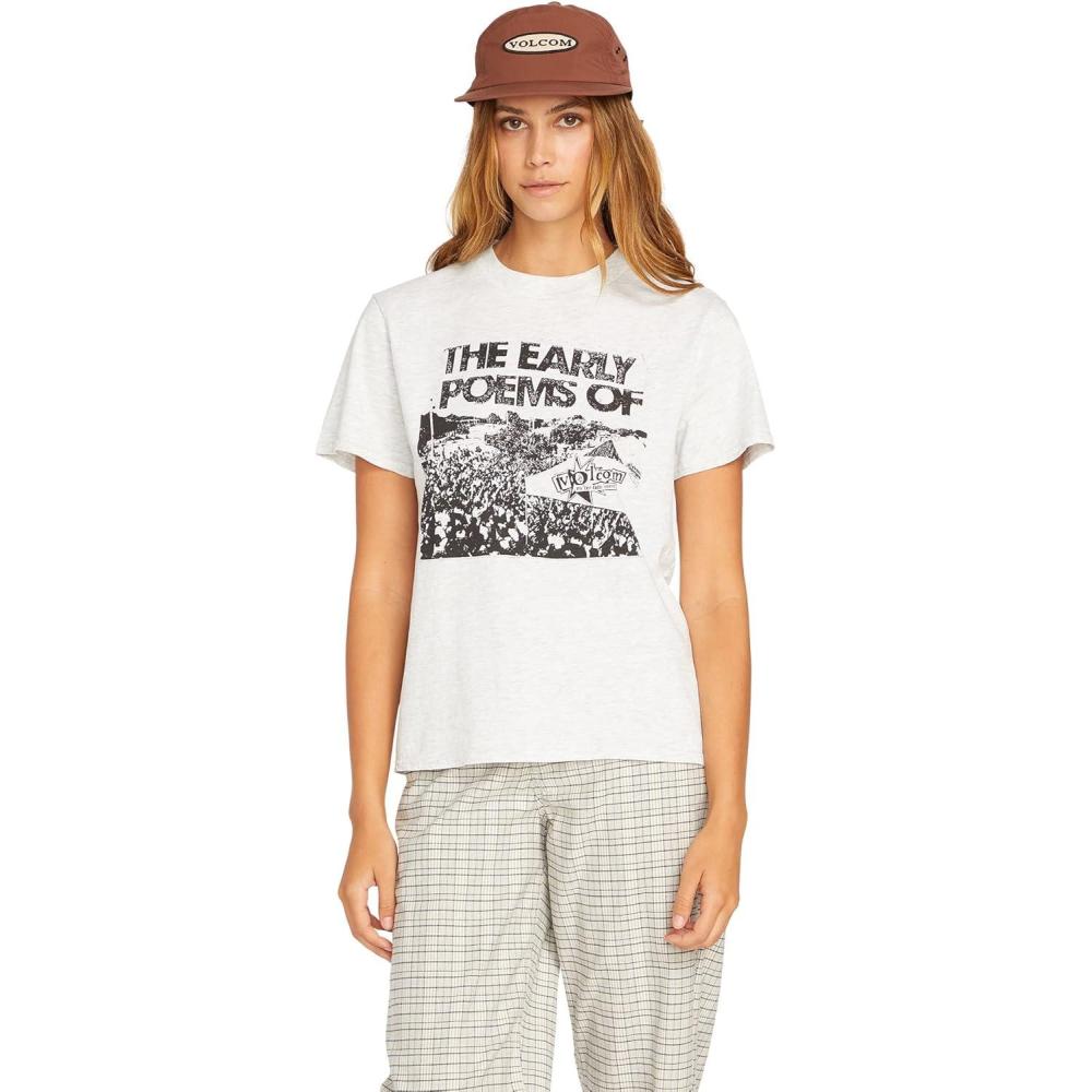 image:imageVolcom Womens Lock It Up Short Sleeve Tee  Crew Neck TShirt with Striped Neck TapingLight Grey