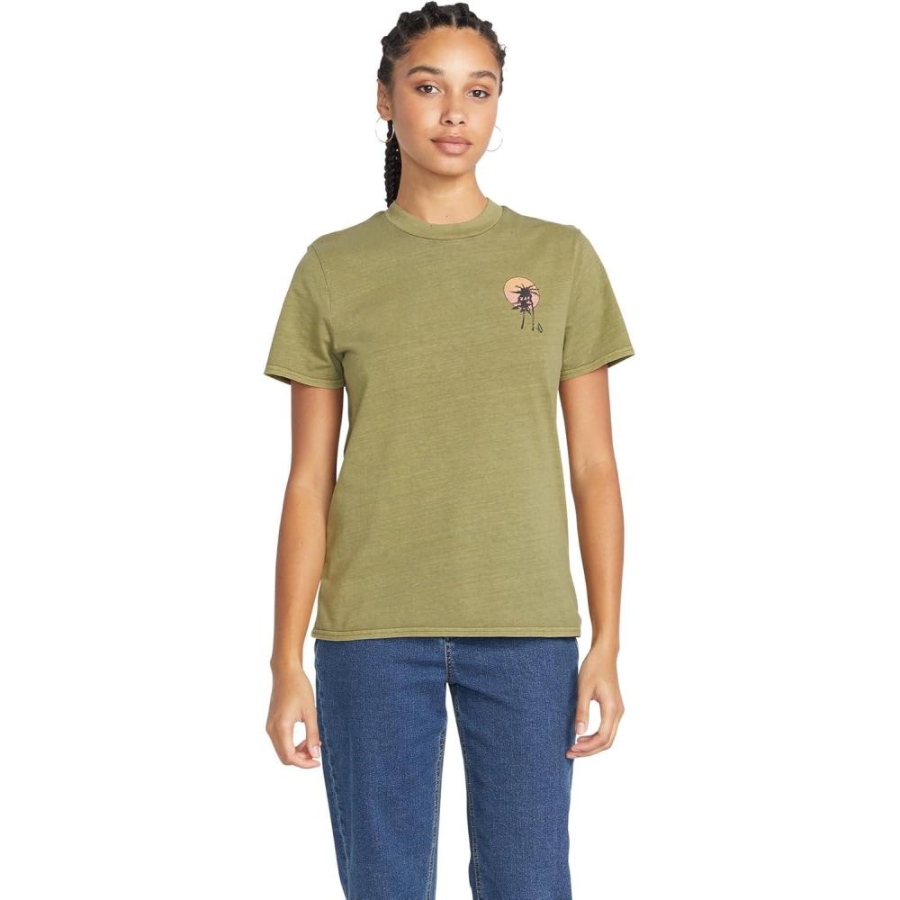 image:imageVolcom Womens Lock It Up Short Sleeve Tee Crew Neck TShirt with Striped Neck TapingMoss
