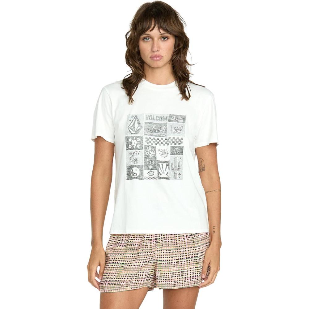 image:imageVolcom Womens Lock It Up Short Sleeve Tee  Crew Neck TShirt with Striped Neck TapingStar WhiteWhite