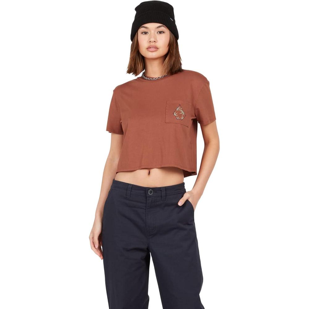 image:imageVolcom Womens Short Sleeve Pocket Dial Tee Crew Neck TShirt with Chest Pocket and Screen PrintDark Clay
