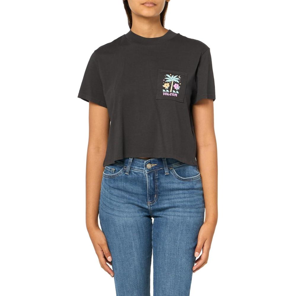 image:imageVolcom Womens Short Sleeve Pocket Dial Tee Crew Neck TShirt with Chest Pocket and Screen PrintVintage Black