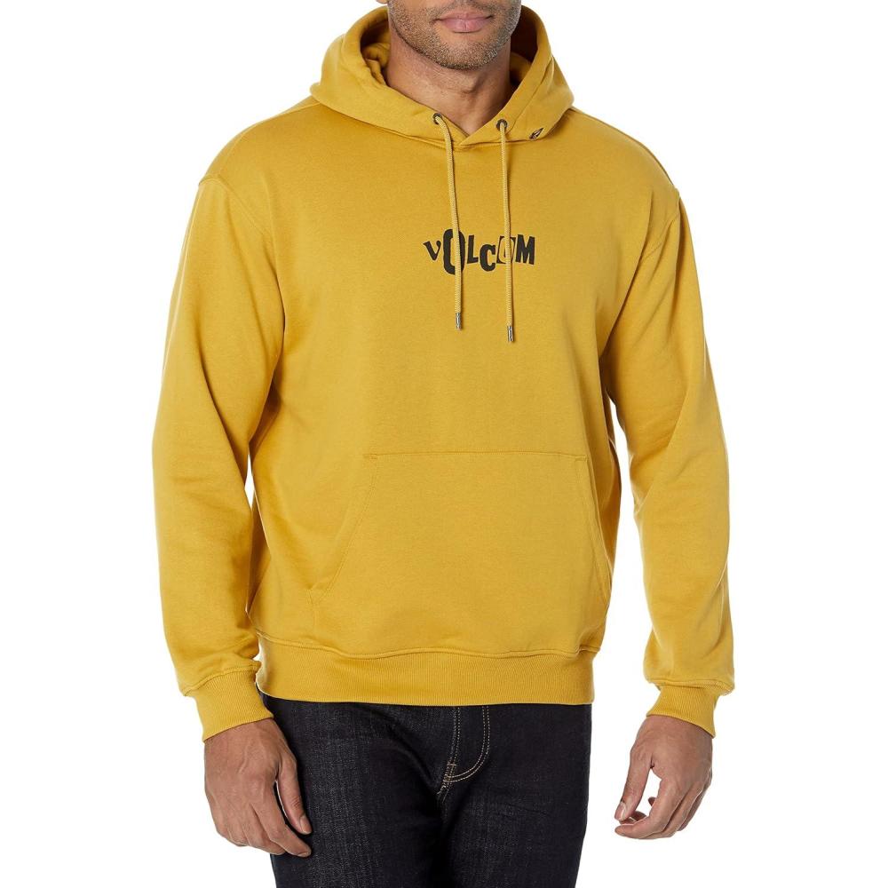 image:imageVolcom mens Pullover Logo Fleece Hooded Sweatshirt  Soft Brushed Interior Classic Fit Kangaroo Pocket Ribbed Cuffs amp HemHoney Gold