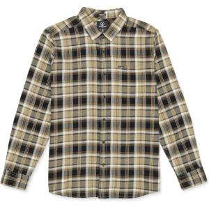 Volcom Mens Caden Plaid Long Sleeve Flannel Shirt – Classic Fit, Button-Front, Soft Brushed Cotton(Khaki)