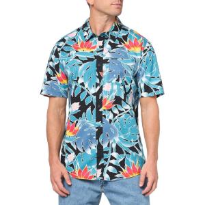 Volcom Mens Regular Marble Floral Short Sleeve Button Down Hawaiian Shirt(Black Leaf)