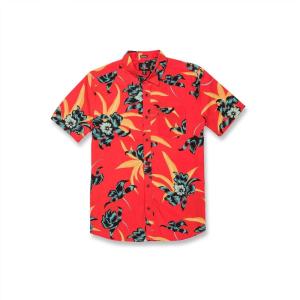 Volcom Mens Regular Marble Floral Short Sleeve Button Down Hawaiian Shirt(Red Orange)