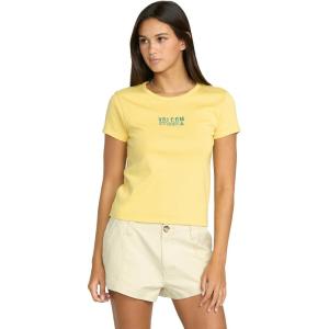 Volcom Womens Have a Clue Short Sleeve Tee – Fitted T-Shirt with Striped Neck Taping(Dust Yellow)