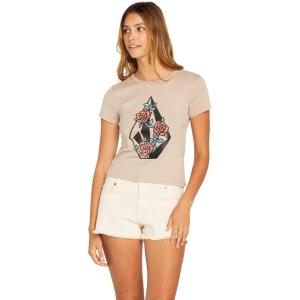 Volcom Womens Have a Clue Short Sleeve Tee – Fitted T-Shirt with Striped Neck Taping(Taupe)