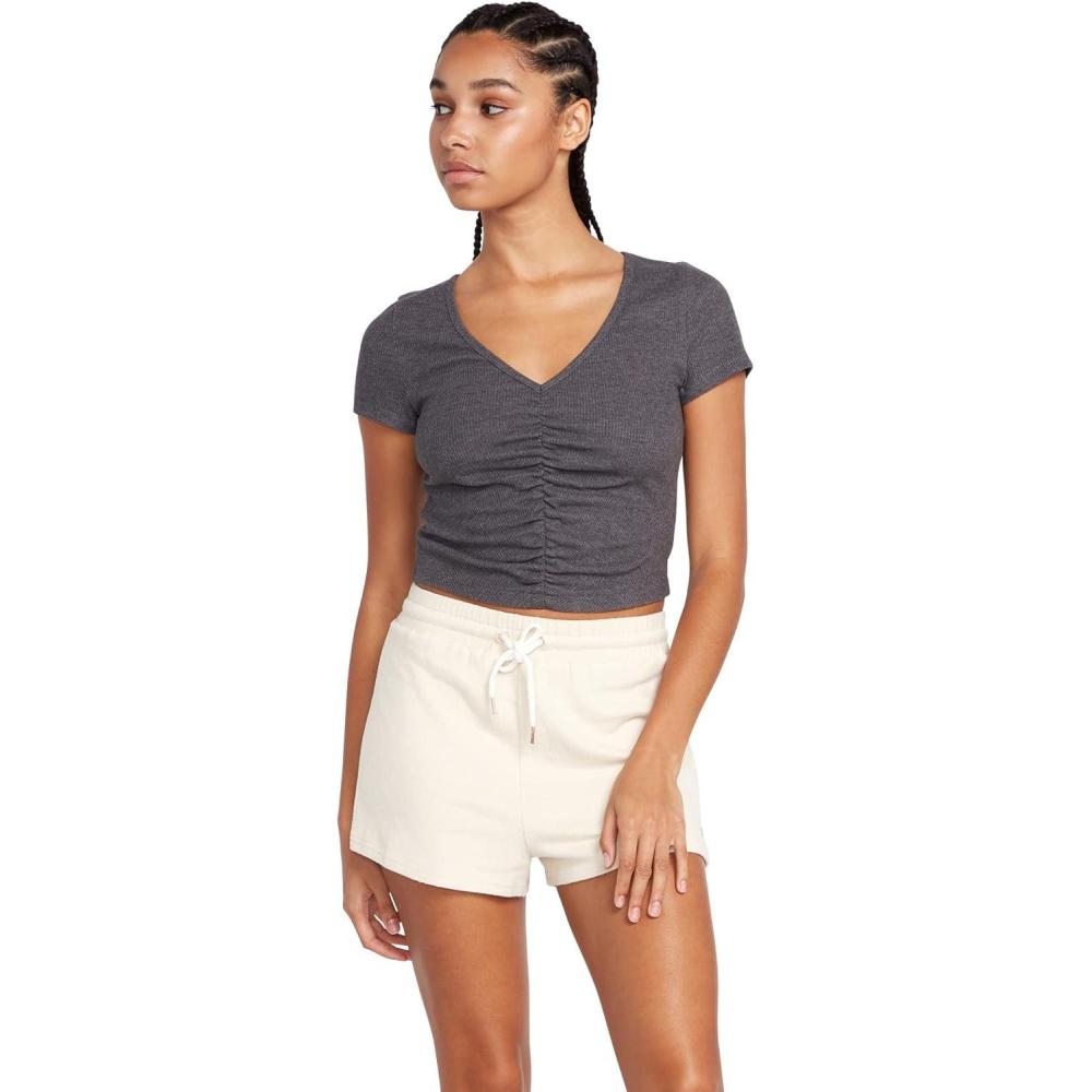 image:imageVolcom Womens Lived in Lounge Rib Short Sleeve V Neck TopBlack