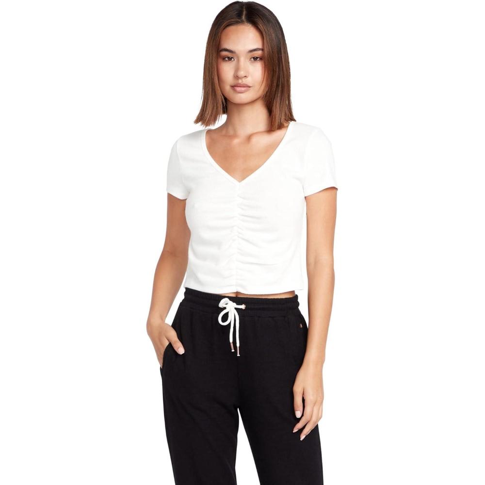 image:imageVolcom Womens Lived in Lounge Rib Short Sleeve V Neck TopStar White