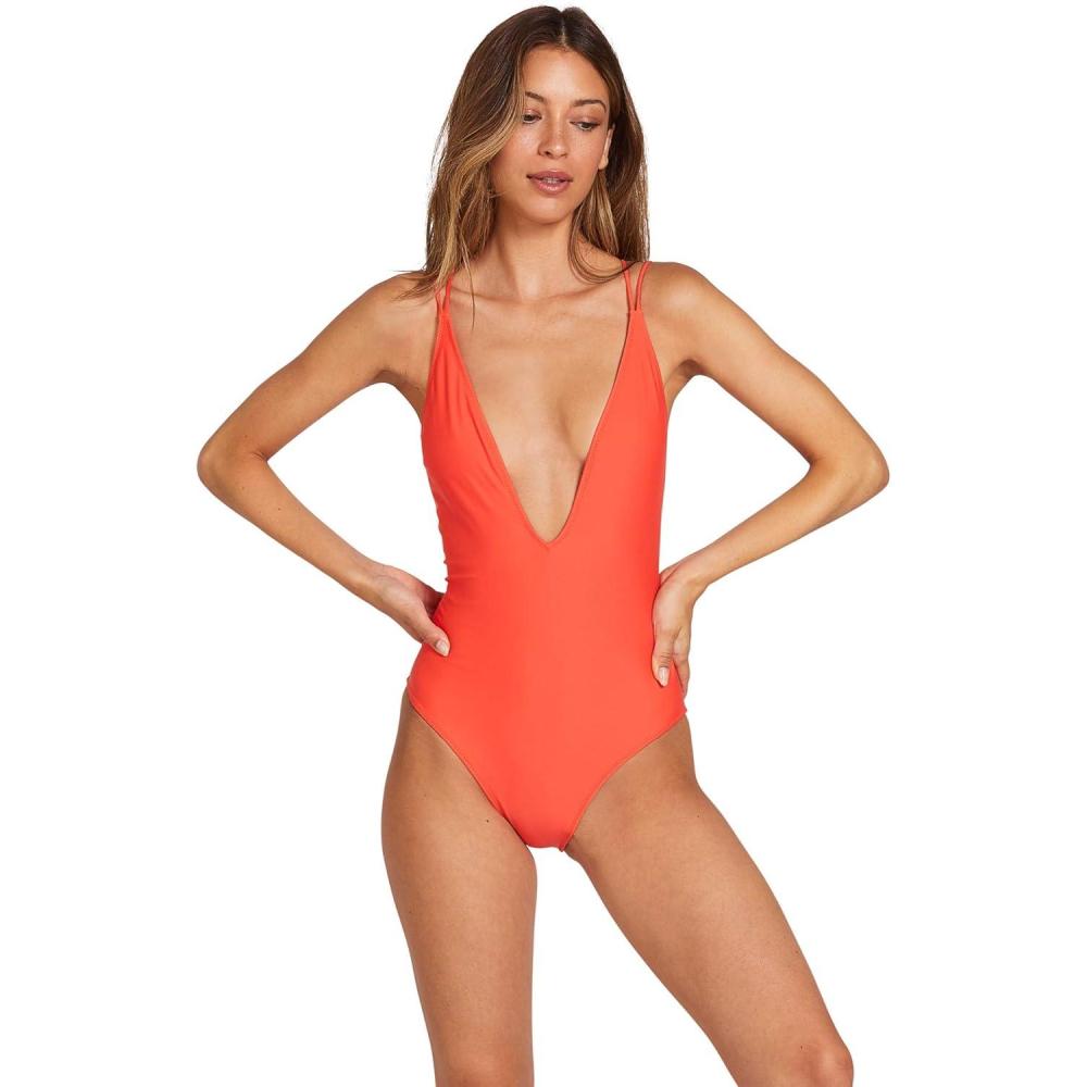 image:imageVolcom Womens Strappy OnePiece Swimsuit  Convertible Adjustable Straps EcoTrue Greenlon Fabric with Logo BadgeElectric Coral