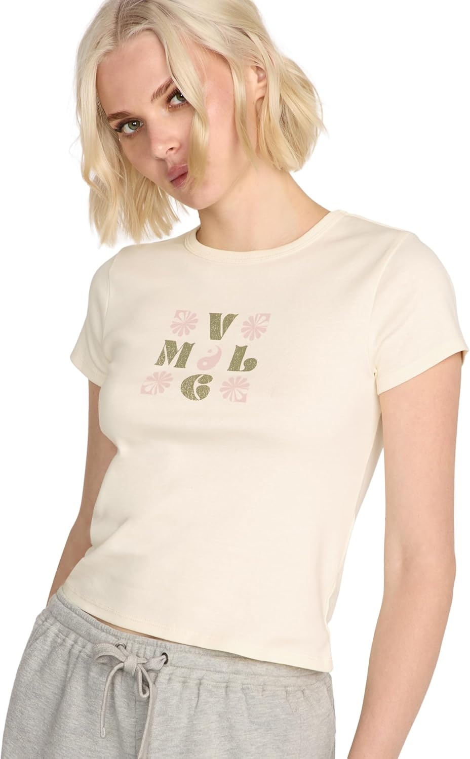 image:imageVolcom Womens Have a Clue Short Sleeve Tee Fitted TShirt with Striped Neck TapingBone White