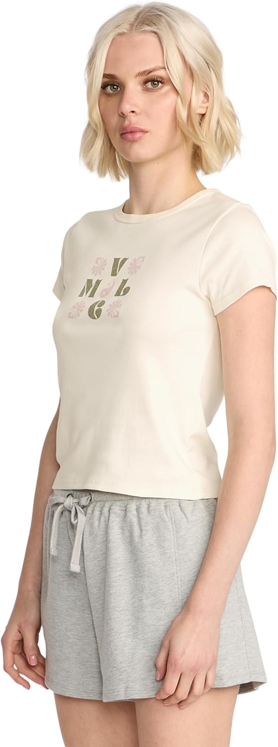 image:imageVolcom Womens Have a Clue Short Sleeve Tee Fitted TShirt with Striped Neck TapingBone White