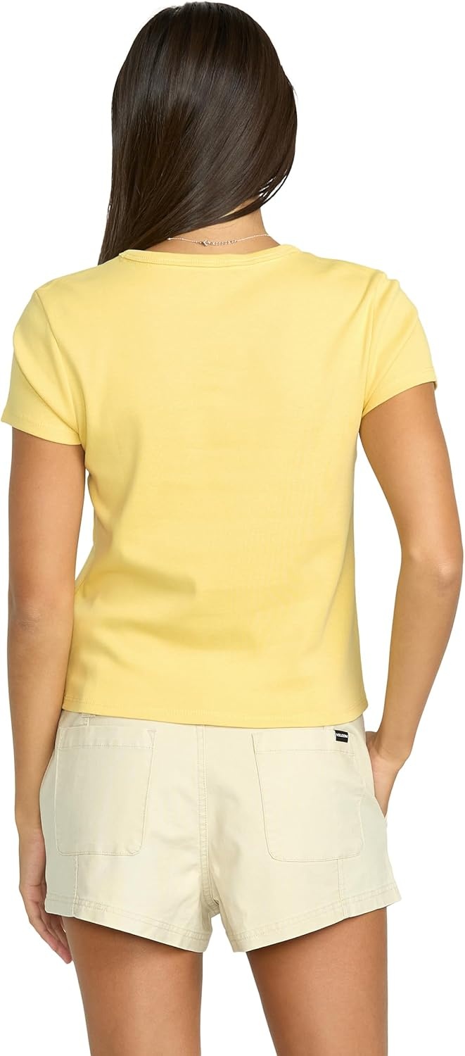 image:imageVolcom Womens Have a Clue Short Sleeve Tee Fitted TShirt with Striped Neck TapingDust Yellow
