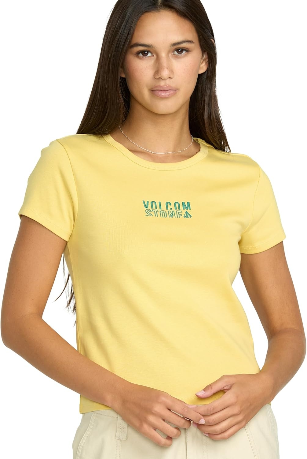 image:imageVolcom Womens Have a Clue Short Sleeve Tee Fitted TShirt with Striped Neck TapingDust Yellow