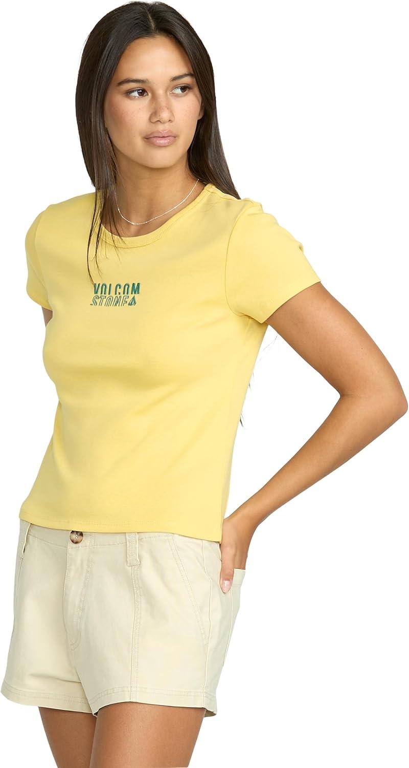image:imageVolcom Womens Have a Clue Short Sleeve Tee Fitted TShirt with Striped Neck TapingDust Yellow