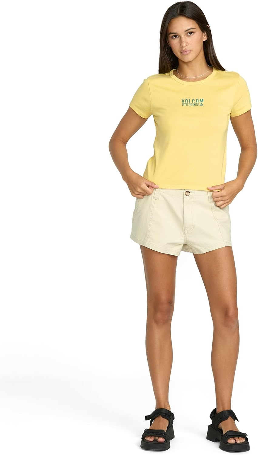 image:imageVolcom Womens Have a Clue Short Sleeve Tee Fitted TShirt with Striped Neck TapingDust Yellow