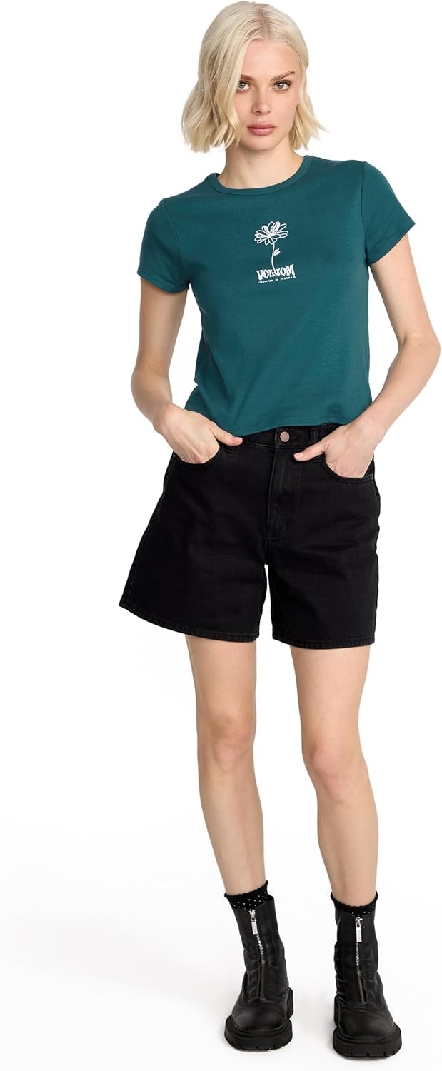 image:imageVolcom Womens Have a Clue Short Sleeve Tee Fitted TShirt with Striped Neck TapingEmerald Green