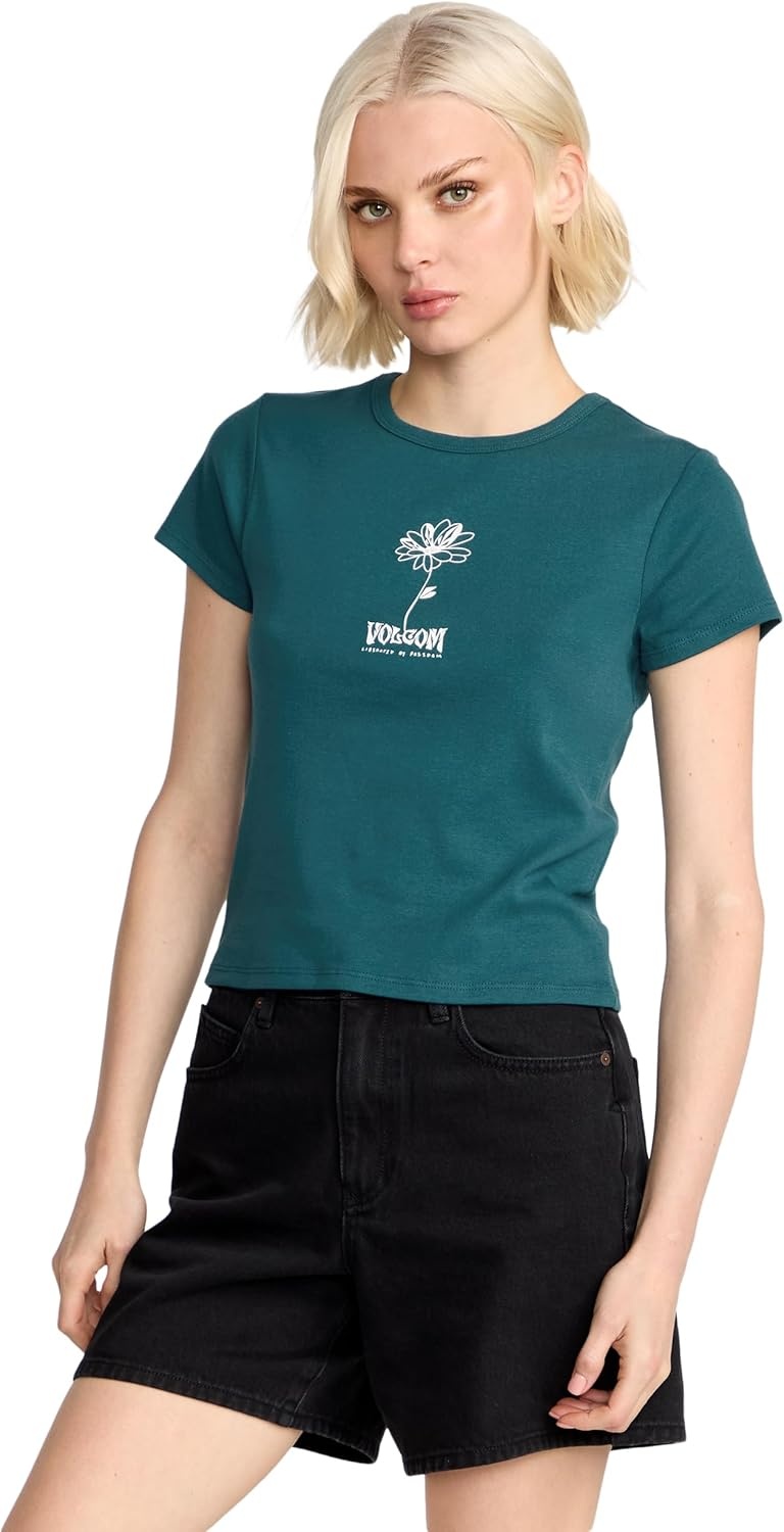 image:imageVolcom Womens Have a Clue Short Sleeve Tee Fitted TShirt with Striped Neck TapingEmerald Green