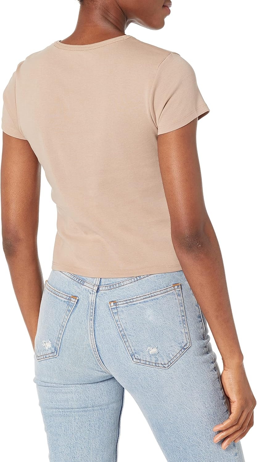 image:imageVolcom Womens Have a Clue Short Sleeve Tee Fitted TShirt with Striped Neck TapingTaupe