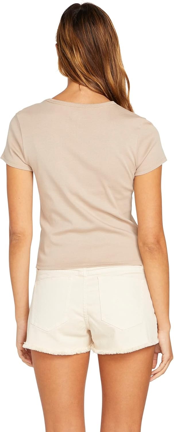 image:imageVolcom Womens Have a Clue Short Sleeve Tee Fitted TShirt with Striped Neck TapingTaupe