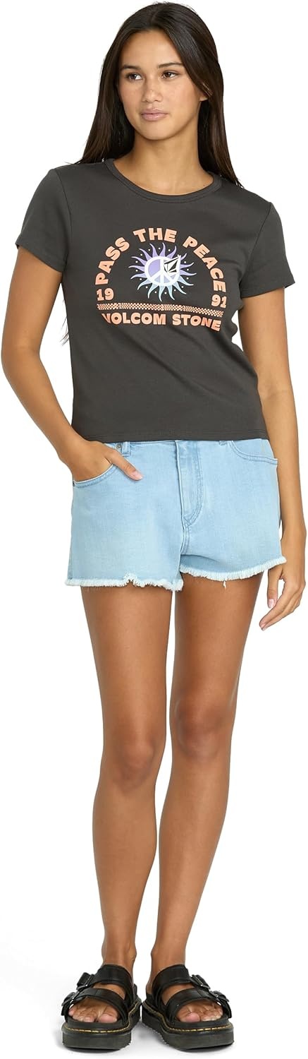 image:imageVolcom Womens Have a Clue Short Sleeve Tee Fitted TShirt with Striped Neck TapingVintage Black Black