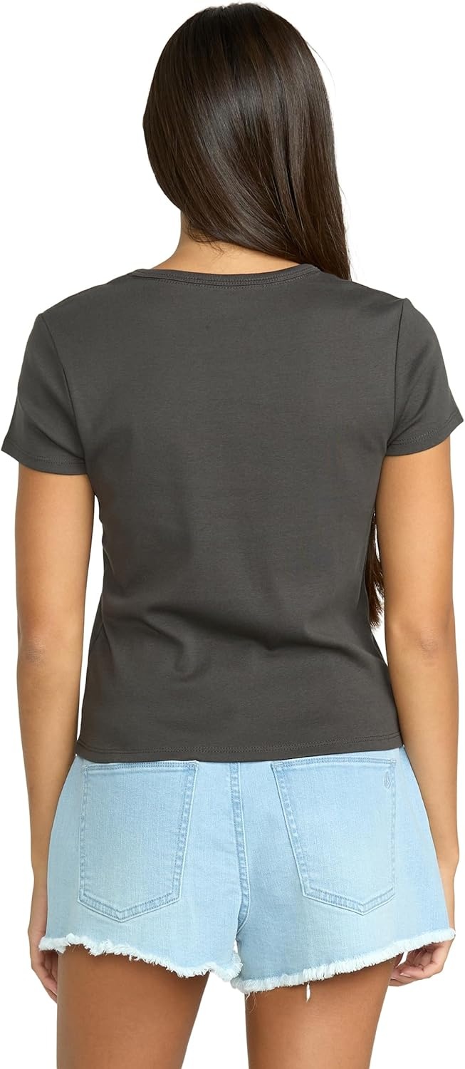 image:imageVolcom Womens Have a Clue Short Sleeve Tee Fitted TShirt with Striped Neck TapingVintage Black Black