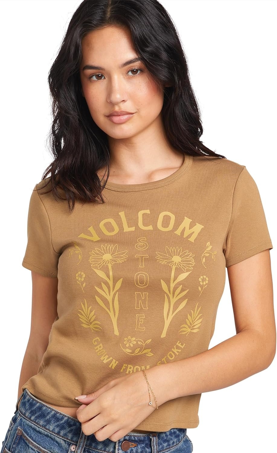image:imageVolcom Womens Have a Clue Short Sleeve Tee Fitted TShirt with Striped Neck TapingVintage Brown
