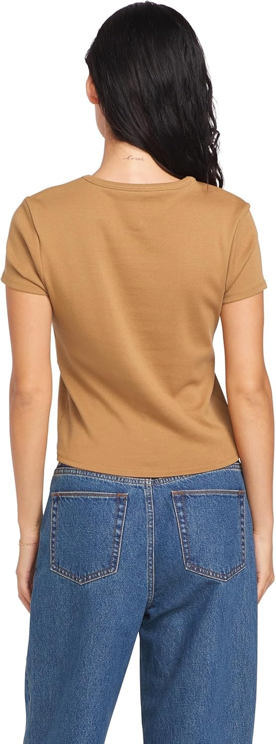image:imageVolcom Womens Have a Clue Short Sleeve Tee Fitted TShirt with Striped Neck TapingVintage Brown