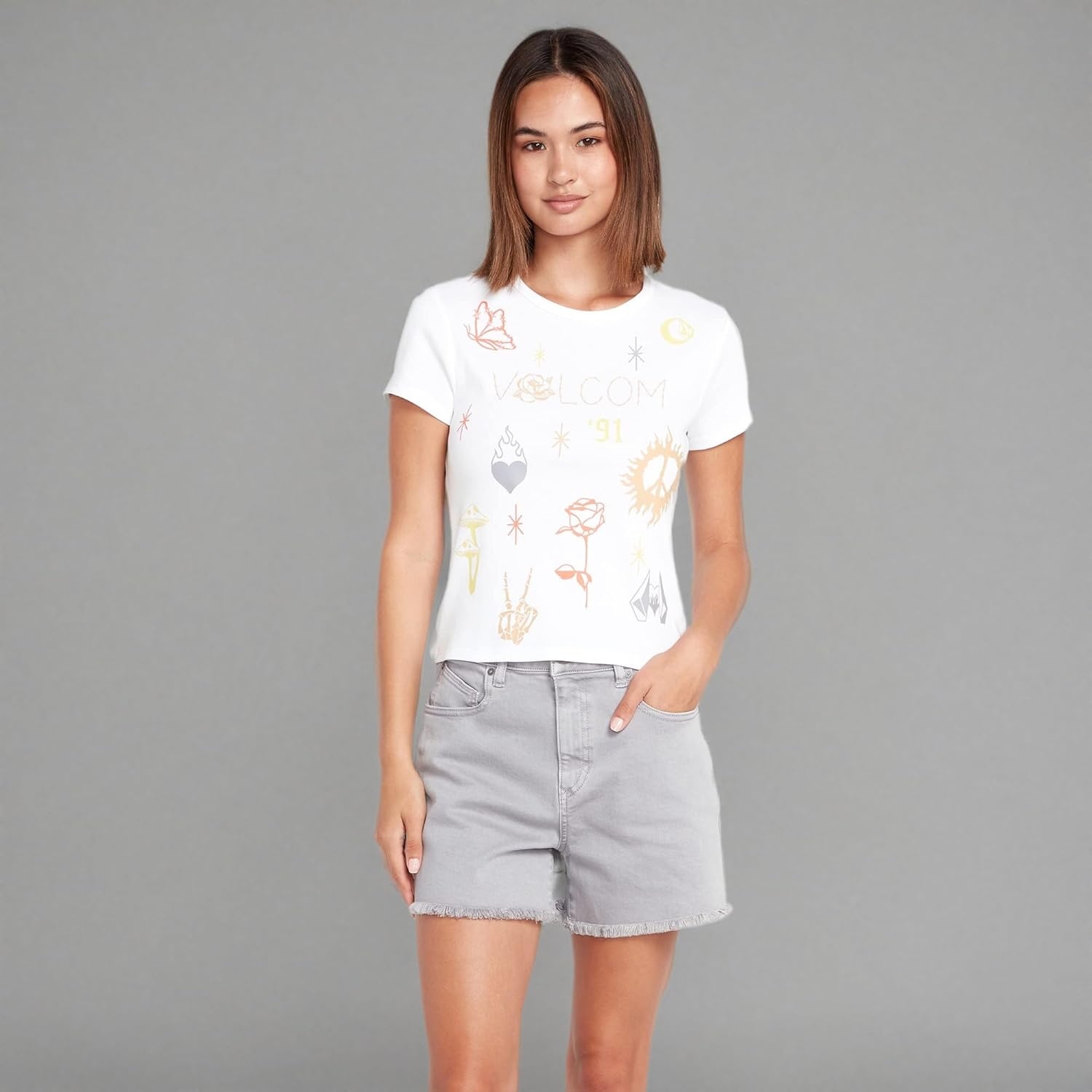 image:imageVolcom Womens Have a Clue Short Sleeve Tee Fitted TShirt with Striped Neck TapingWhite
