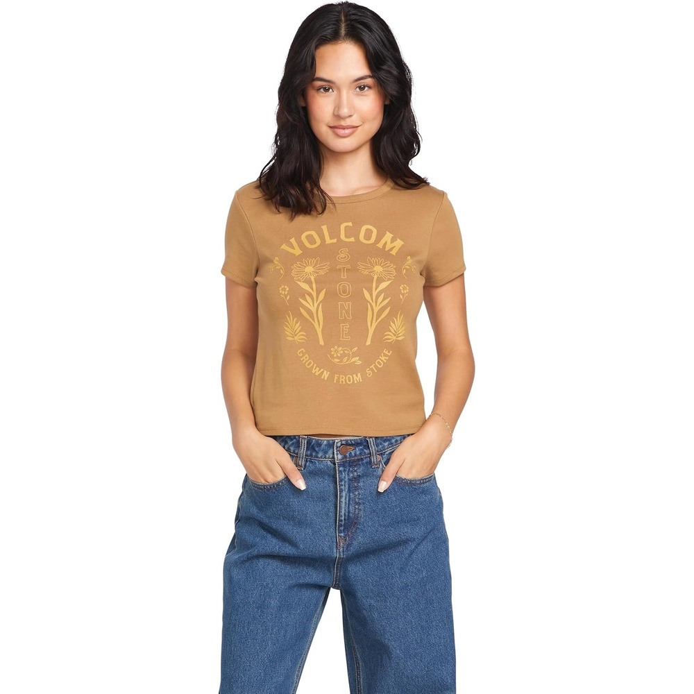 image:imageVolcom Womens Have a Clue Short Sleeve Tee Fitted TShirt with Striped Neck TapingVintage Brown